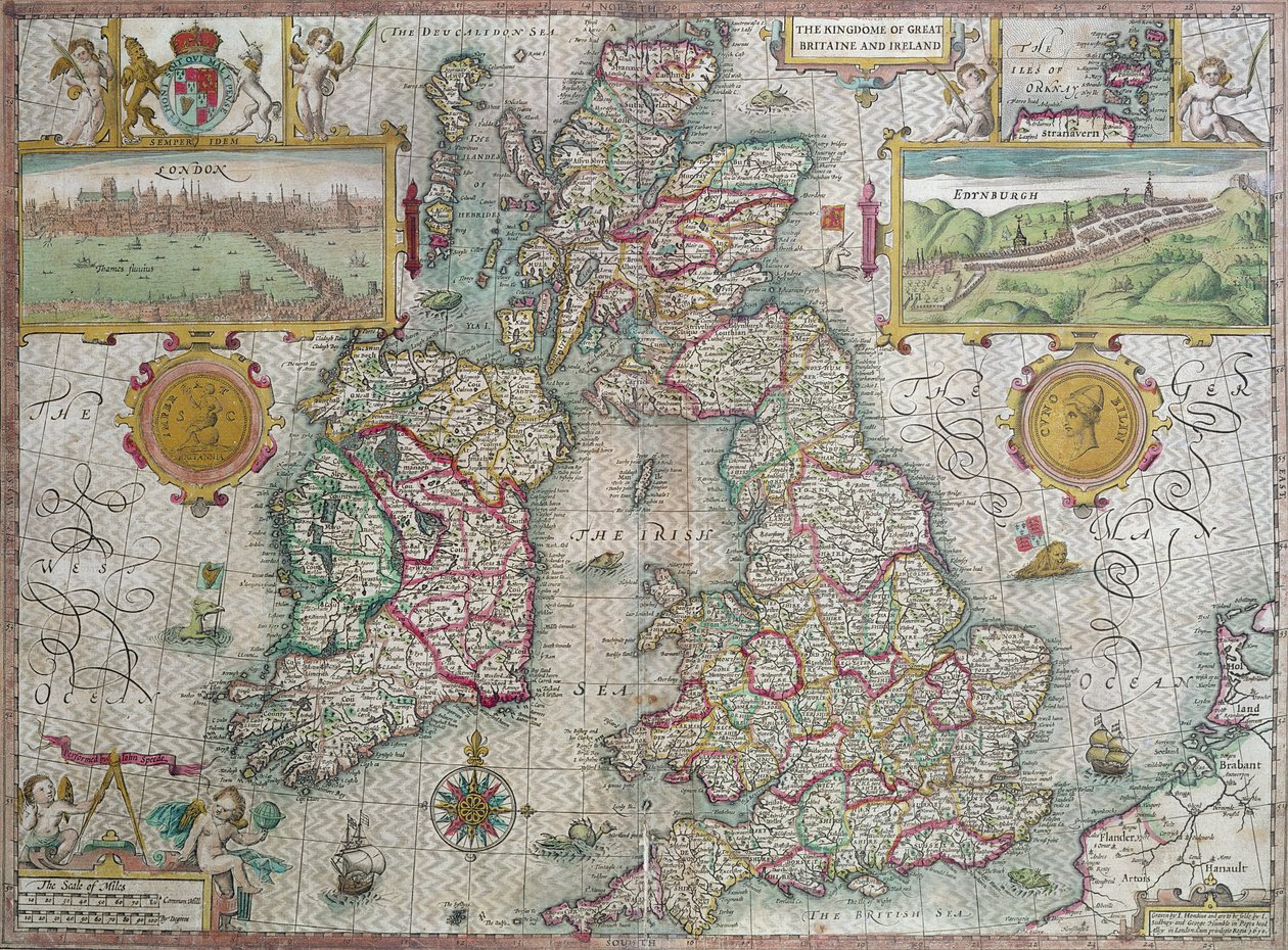 Karta över kungariket Storbritannien och Irland, 1610 (handfärgad gravyr) av Jodocus Hondius