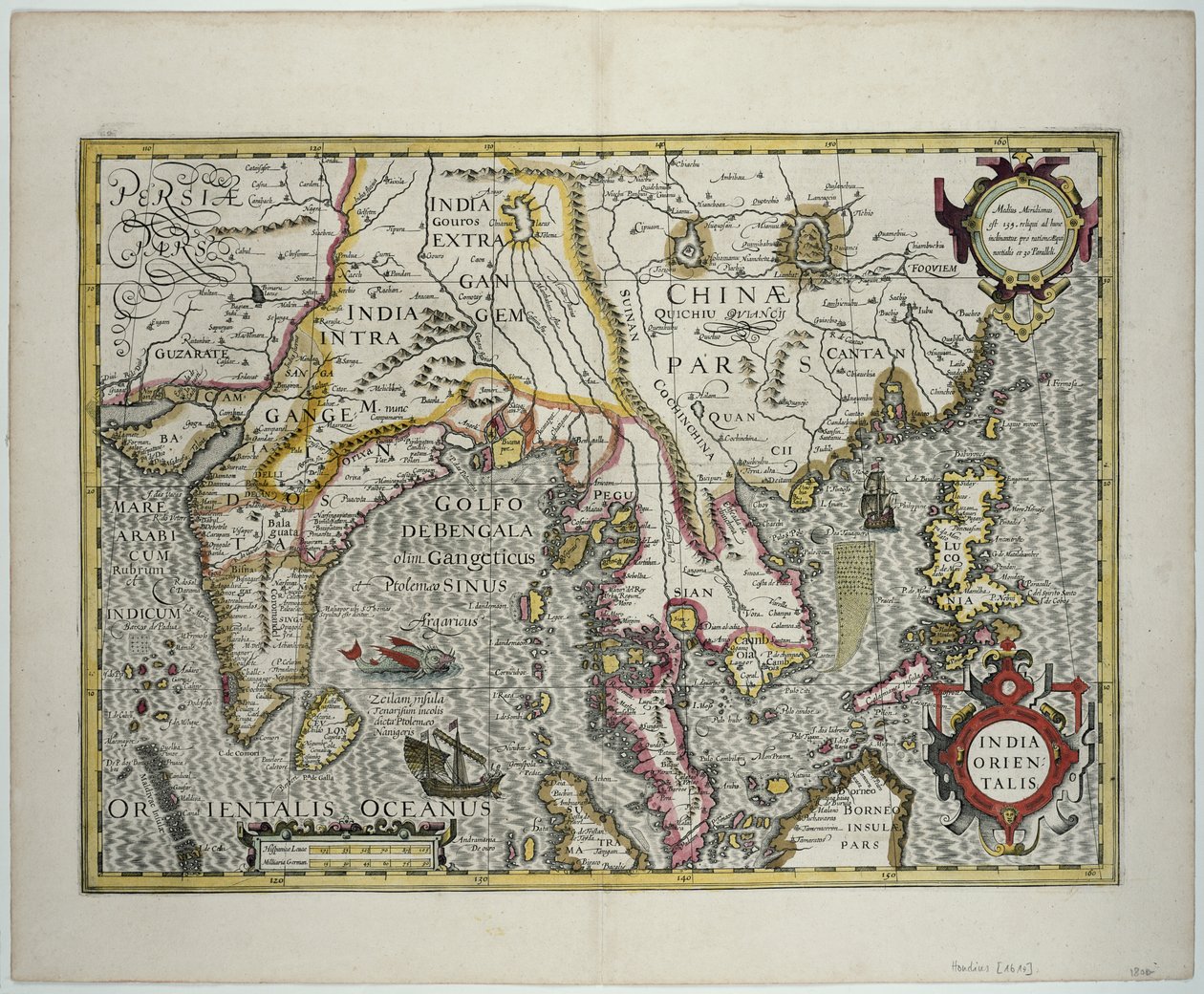 Den indiska subkontinenten till Filippinerna via de norra delarna av den indonesiska skärgården och den malaysiska halvön, tidigt 1600-tal (färgstick) av Jodocus Hondius