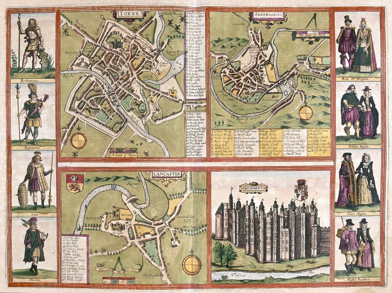 York, Shrewsbury, Lancaster och castle of Richmond, England av Jodocus Hondius