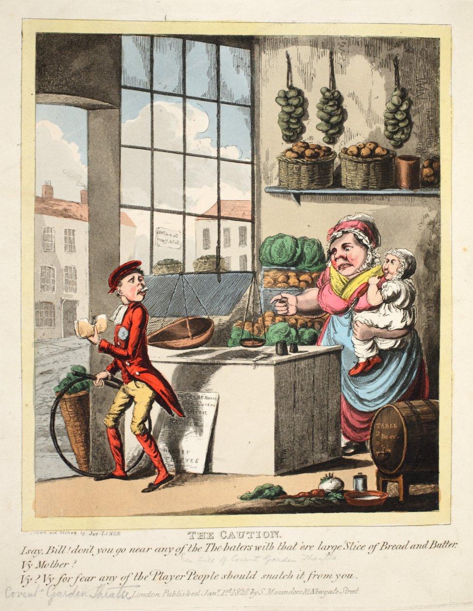 The Caution, Covent Garden Theatre, pub. 1828 (handfärgad gravyr) av Joe Lisle