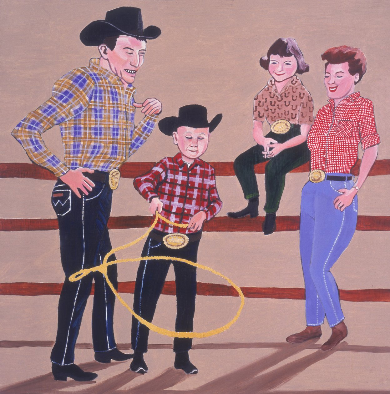 Cowboy Family, 2001 (olja & akryl på panel) av Joe Heaps Nelson