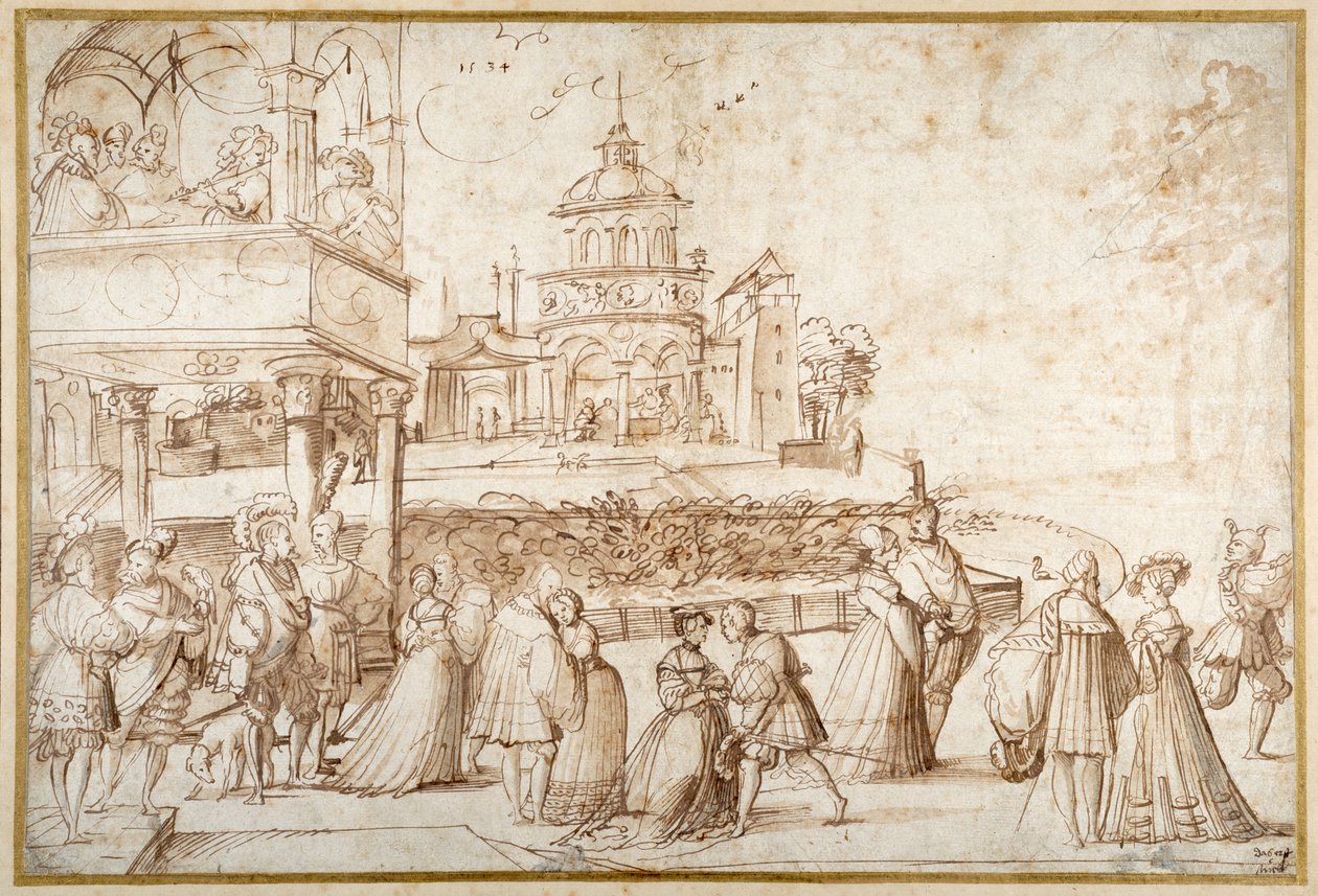 Society Scene (penna och bläck med tvätt på papper) av Joerg the Elder Breu