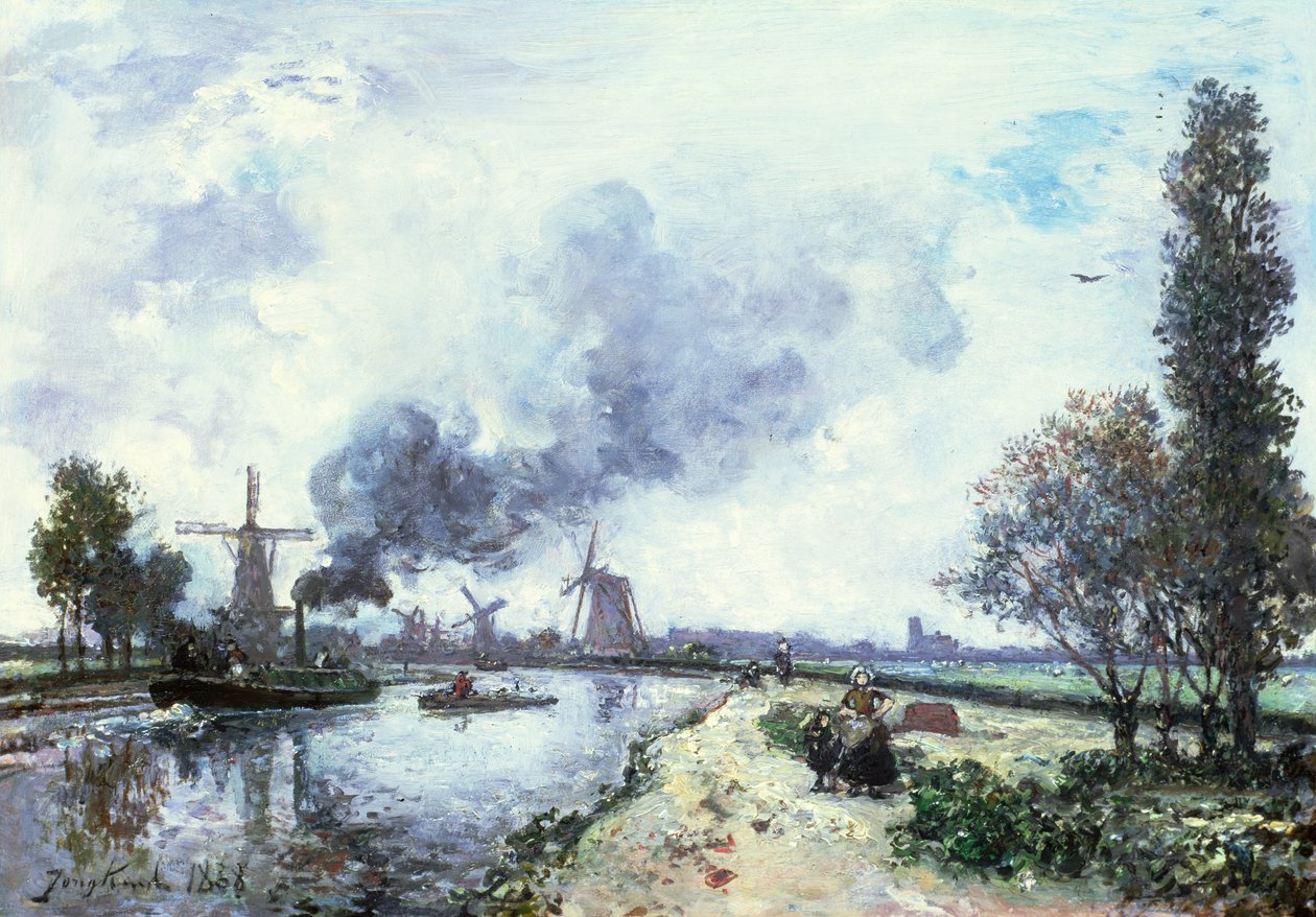 Holländskt landskap med väderkvarnar, 1868 av Johan Barthold Jongkind