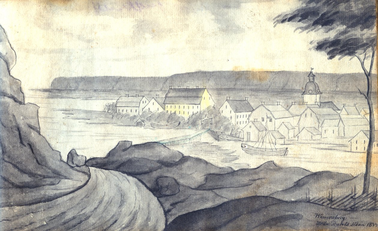 Svenska:  Laverad tuschteckning av utsikt mot Vänersborg från Dalslands sida av Vänern av Johan Gustaf Thun