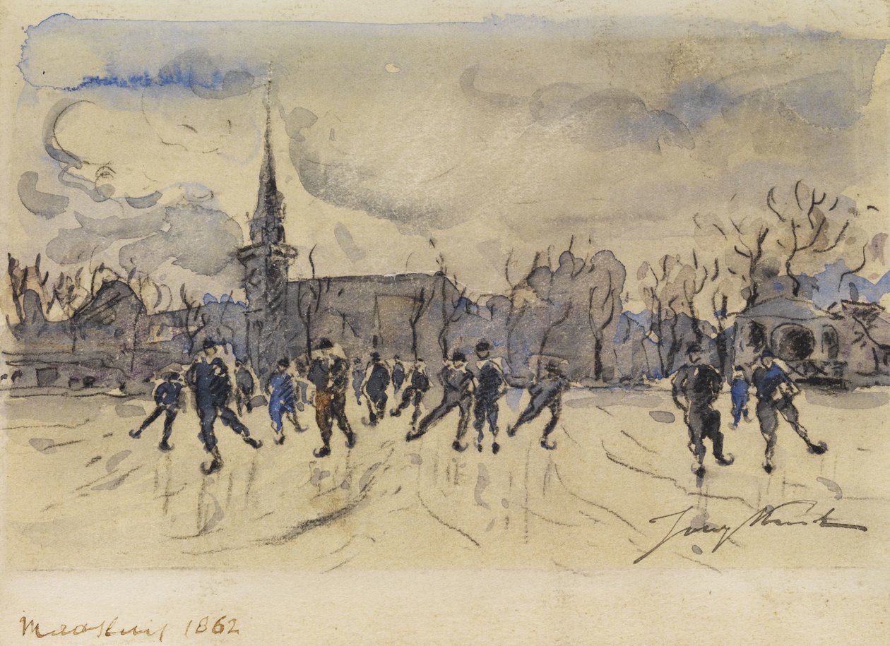 Johan Barthold Jongkind: Schlittschuhläufer vor der Silhouette einer Stadt mit Kirchturm av Johan Barthold Jongkind