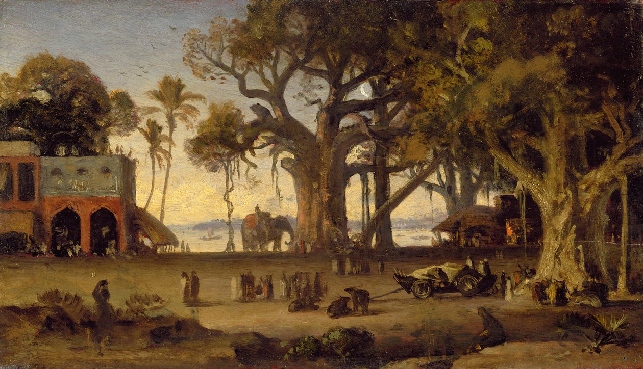 Månbelyst scen av indiska figurer och elefanter bland Banyanträd, Upper India (förmodligen Lucknow) (olja på indisk lövträpanel) av Johan Joseph Zoffany