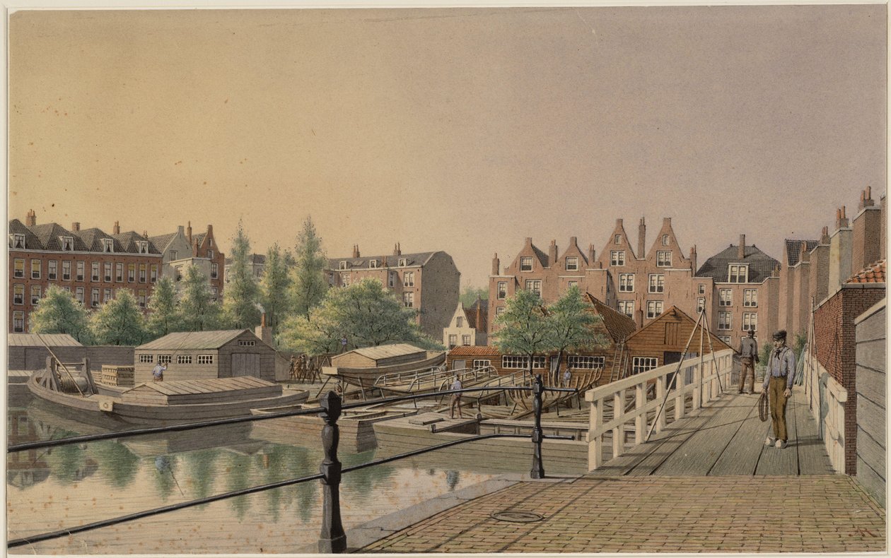 De stadsschuitenwerf gezien in westelijke richting naar de achterhuizen aan de Amstel av Johan Rieke