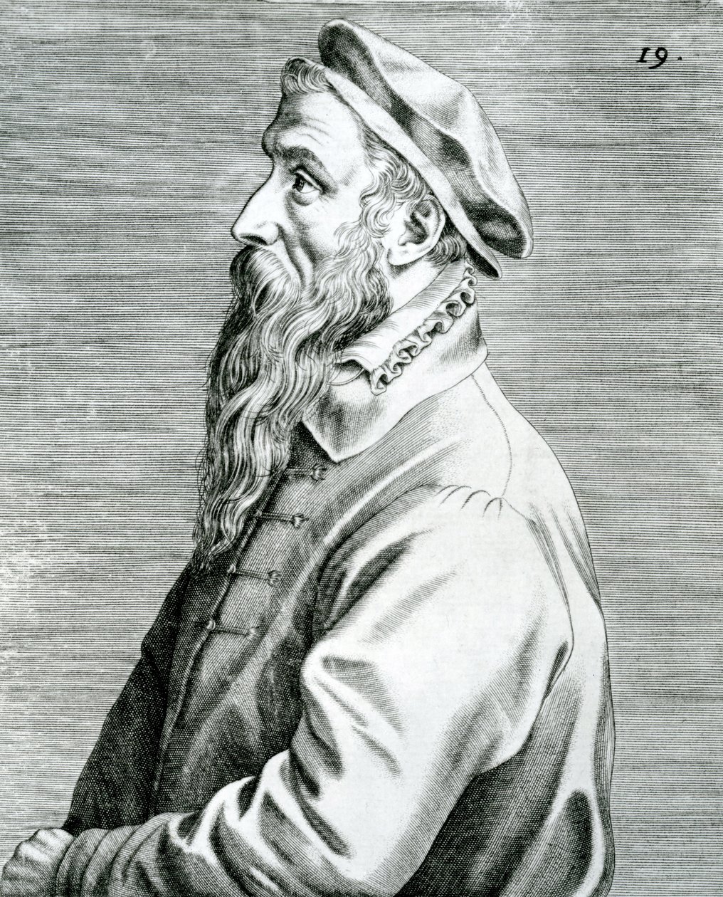 Peter Bruegel, skylt 19 från serien Pictorum aliquot celebrium Germaniae inferioris effigies (Porträtt av några berömda konstnärer i de låga länderna), 1595 (gravyr och boktryck) av Johan Wierix