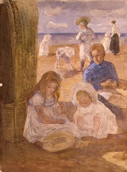 Strandscen (akvarell) av Johan Antonio de Jonge