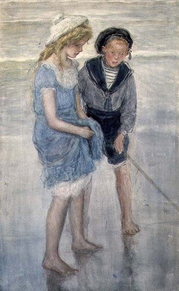 Barn som paddlar på Scheveningen (akvarell) av Johan Antonio de Jonge