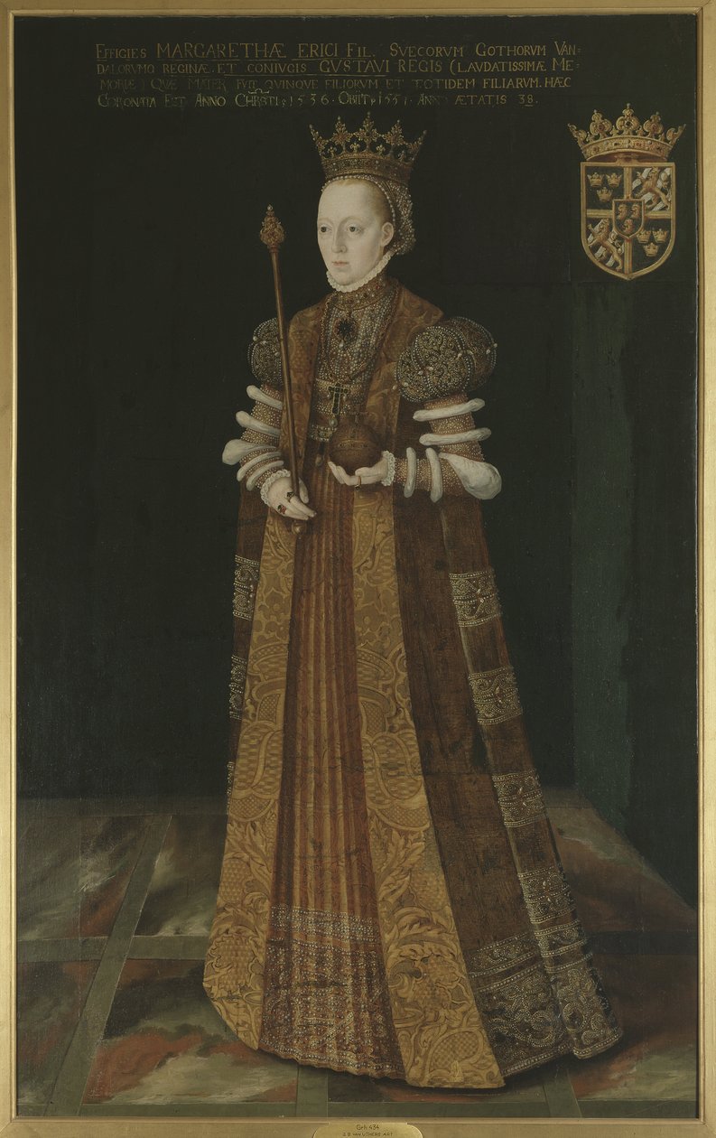 Marguerite Lejonhufvud, reine consort de Suede, seconde epouse de Gustave I Vasa - Queen Margaret Leijonhufvud of Sweden (1516-1551), by Uther, Johan Baptista van (active 1562-1597). Oil on canvas. Dimension : 195x121 cm. Nationalmuseum Stockholm av Johan Baptista van (active 1562 1597) Uther
