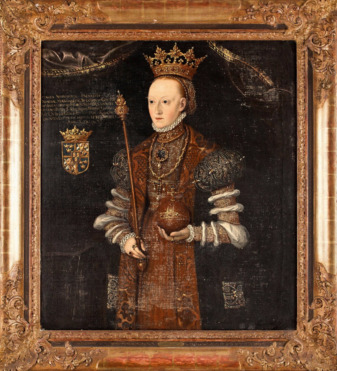 Portrait de Marguerite Lejonhufvud (nee Margareta Eriksdotter) (1516-1551), reine de Suede - Peinture de Johan Baptista van Uther (actif 1562-1597), huile sur toile (102x90 cm) av Johan Baptista van (active 1562 1597) Uther