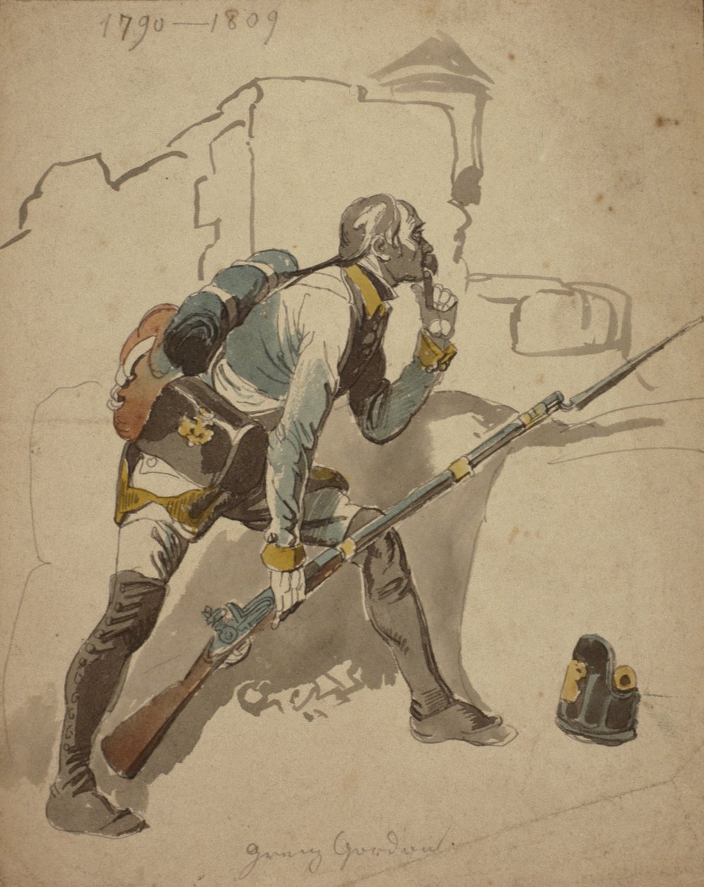 En menig infanterist i linjen (möjligen 27:e regementet, Hesse Cassell), 1790-1809 (akvarell) av Johan Baptiste Heinefetter