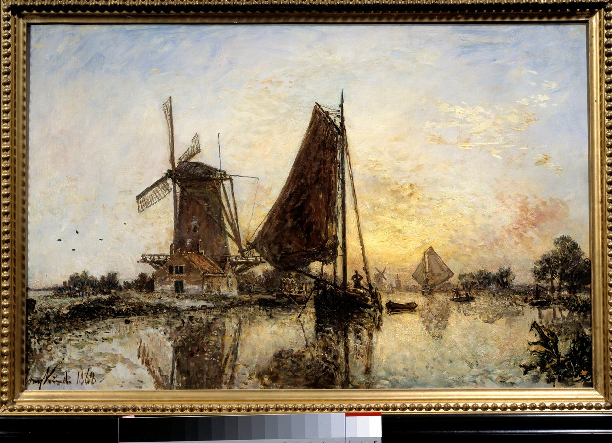 Holländskt landskap, båtar nära bruket Målning av Jean Barthold Jongkind (1819-1891) 1868 Sön. 0,52x0,81 m Paris, Musee d