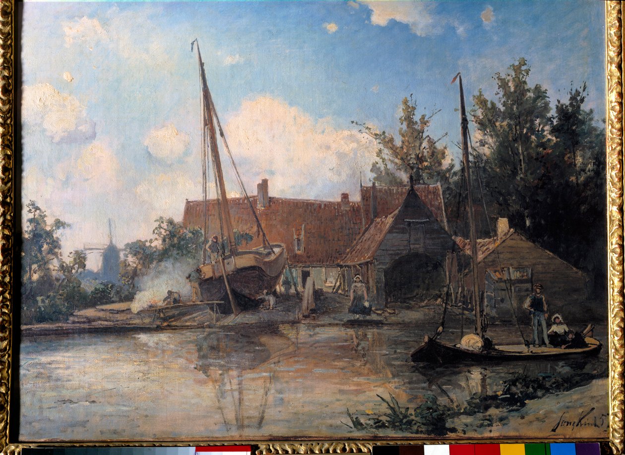 Holländskt landskap med en stor båt tätande målning av Jean Barthold Jongkind (1819-1891) 1857 Sön. 0,42x0,56 m av Johan Barthold Jongkind