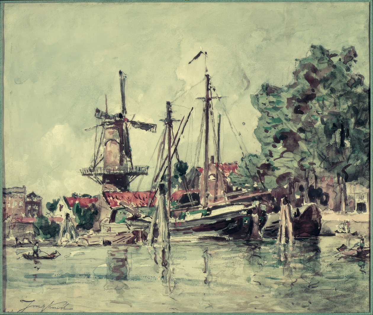 I Holland, båtarna nära bruket av Johan Barthold Jongkind