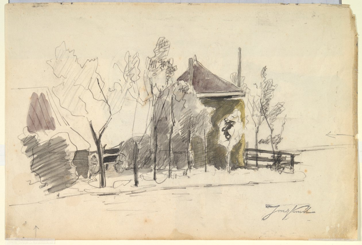 Hövagn på en bondgård (recto); Utsikt över en gård (verso) av Johan Barthold Jongkind