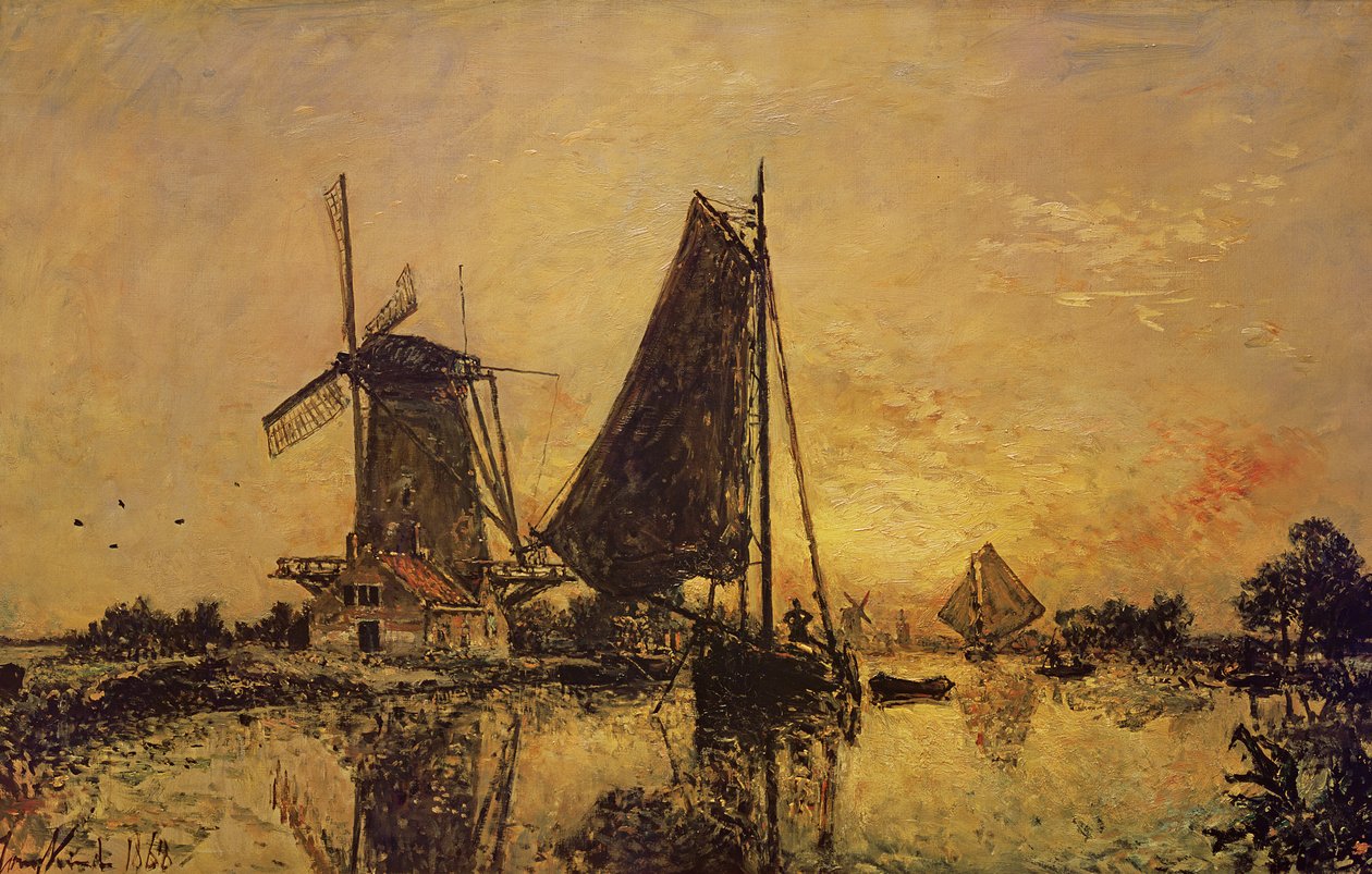 I Holland, båtar vid en väderkvarn, 1868 av Johan Barthold Jongkind