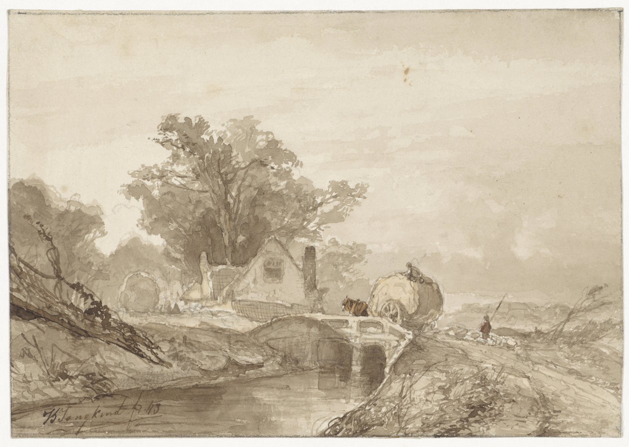 Landskap med en bro med en skördare på av Johan Barthold Jongkind