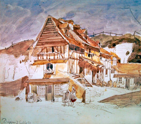 Gamla hus i Dieppe, Normandie, Frankrike, 1851 (penna, bläck och wc på papper) av Johan Barthold Jongkind
