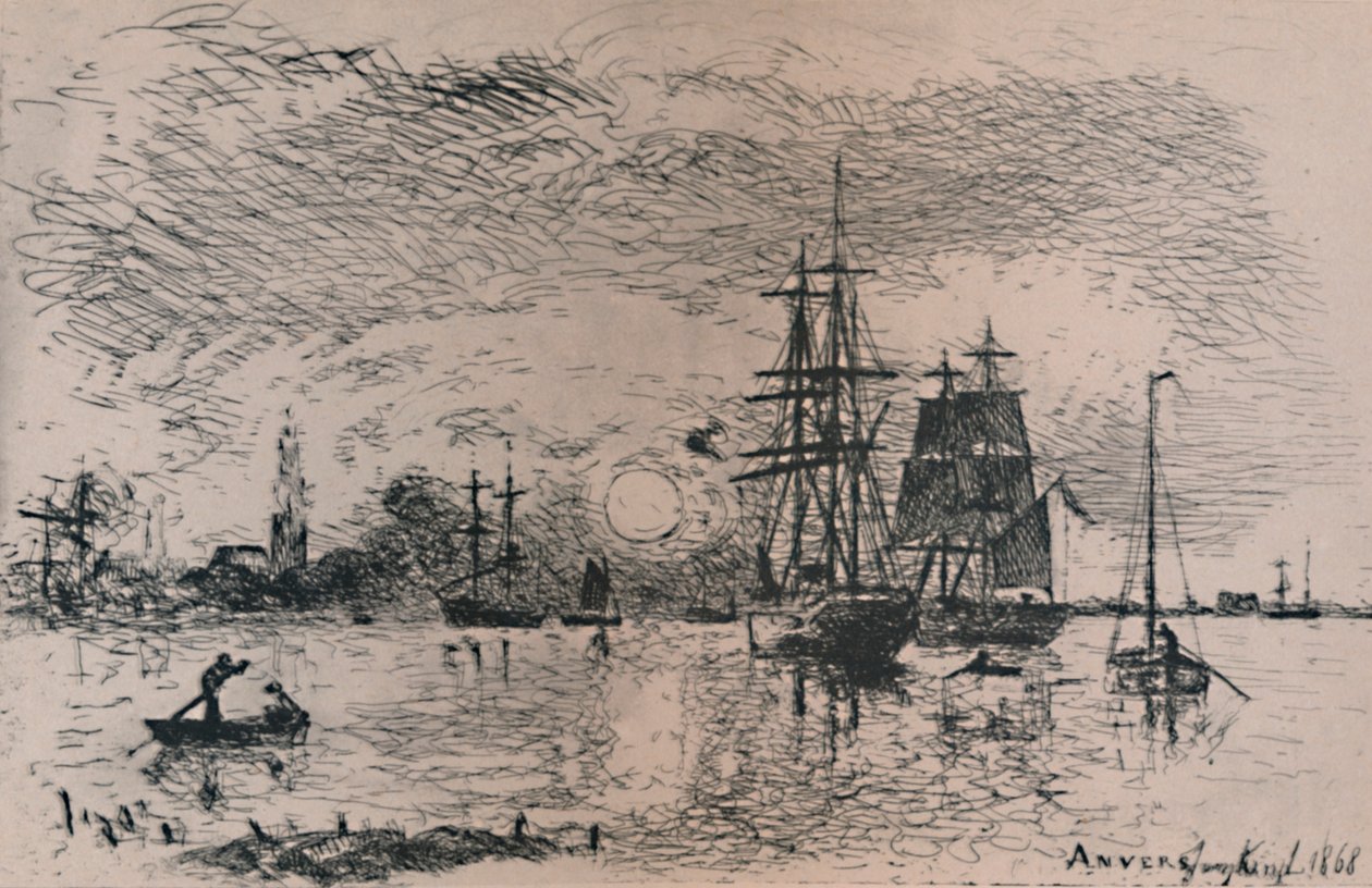 Solnedgång i Antwerpens hamn, 1868, 1946 av Johan Barthold Jongkind