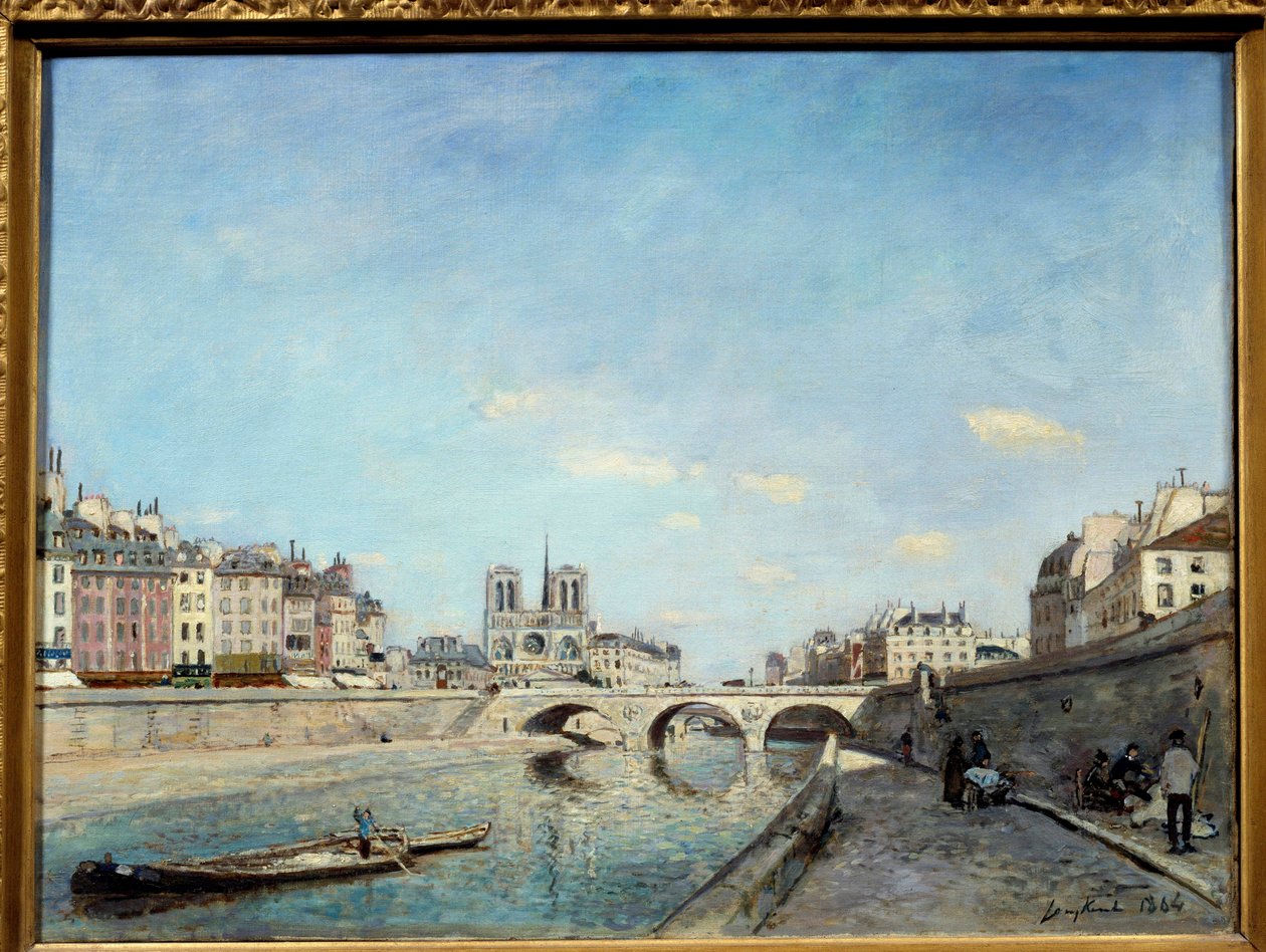 Utsikt över Seines strand och katedralen Notre Dame de Paris En peniche vid floden. Målning av Johan Barthold Jongkind (1819-1891) 1864 sön. 0,42x0,56 m Paris, musee d