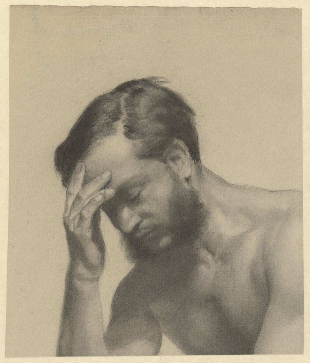 Fragment av en akademisk studie: man med höger hand i pannan av Johan Braakensiek