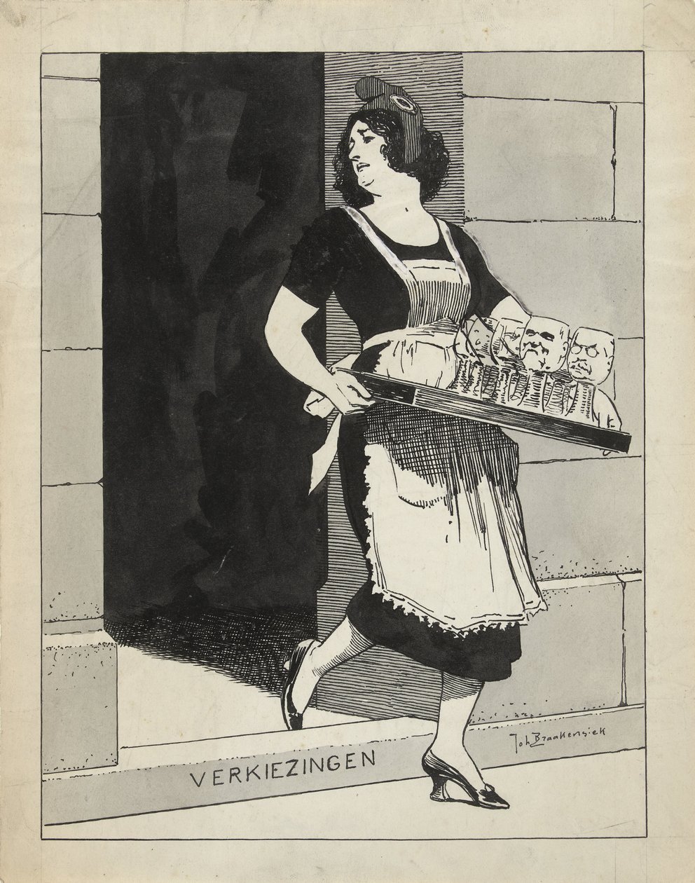 Design för illustration i De Amsterdammer: Den holländska jungfrun som piga med en bricka med glasögon snubblar över steget Val (17 maj 1924) av Johan Braakensiek