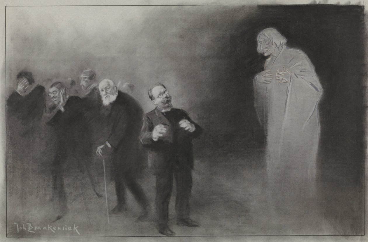 Design för illustration i De Amsterdammer: Glömningen av Schimmel i den Stadschouwburgs nyårsönske, 13 januari 1907 av Johan Braakensiek
