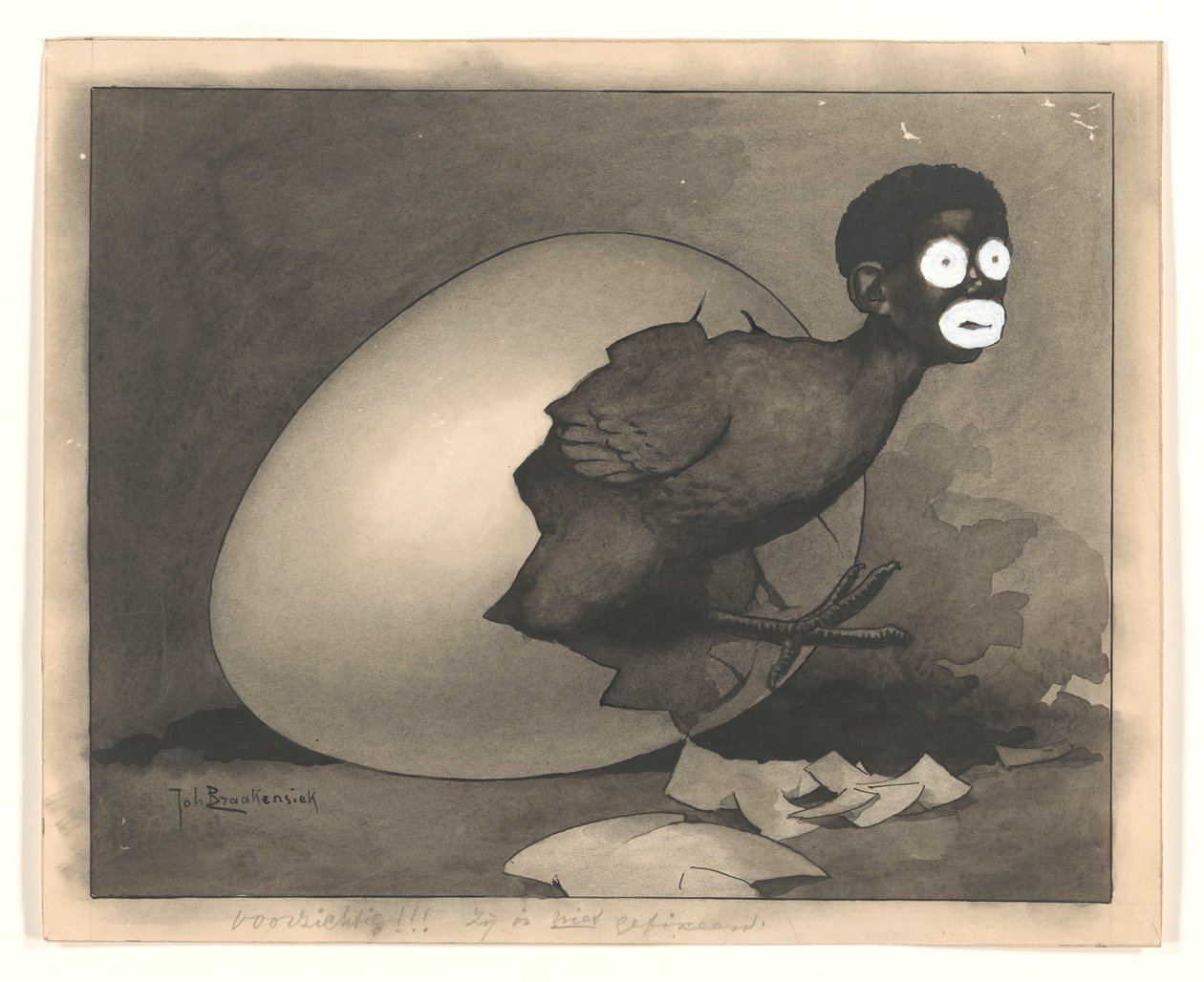 Design för illustration i De Amsterdammer: en svart man kläcks ur ett ägg (19 april 1930) av Johan Braakensiek