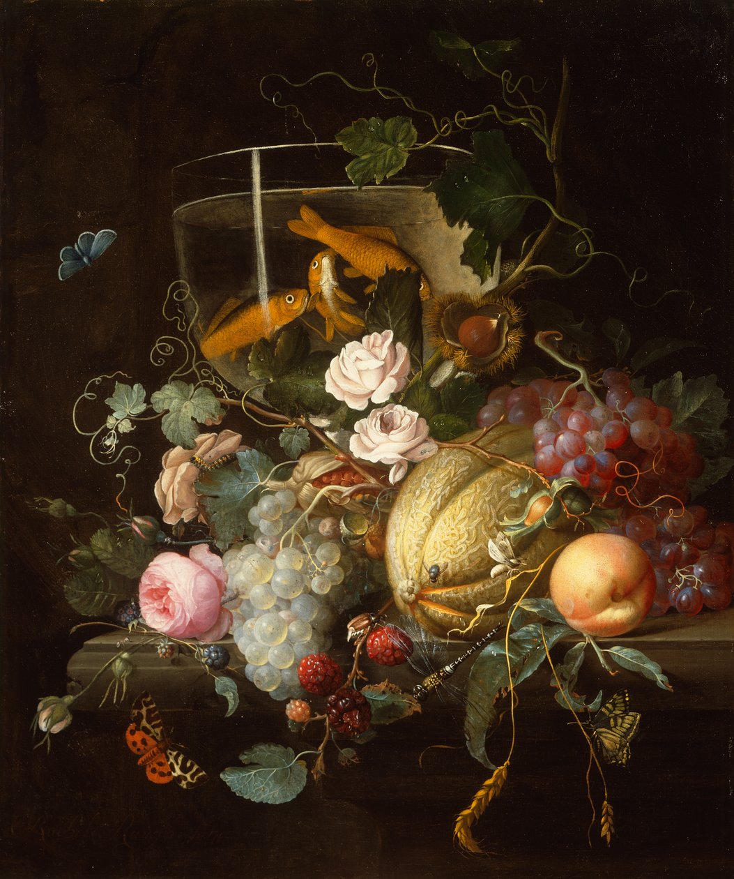 En guldfiskskål, rosor, frukter och nötter med insekter på en stenavsats av Johan Christiaan Roedig