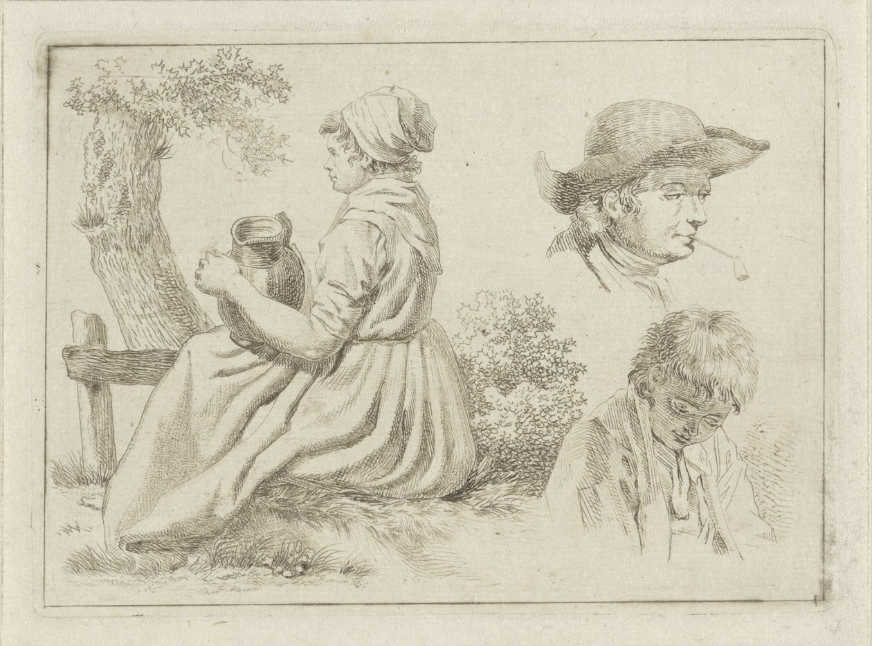 Sittande kvinna med en kanna, porträtt av en man med en pipa och en pojke av Johan Christiaan Willem Safft