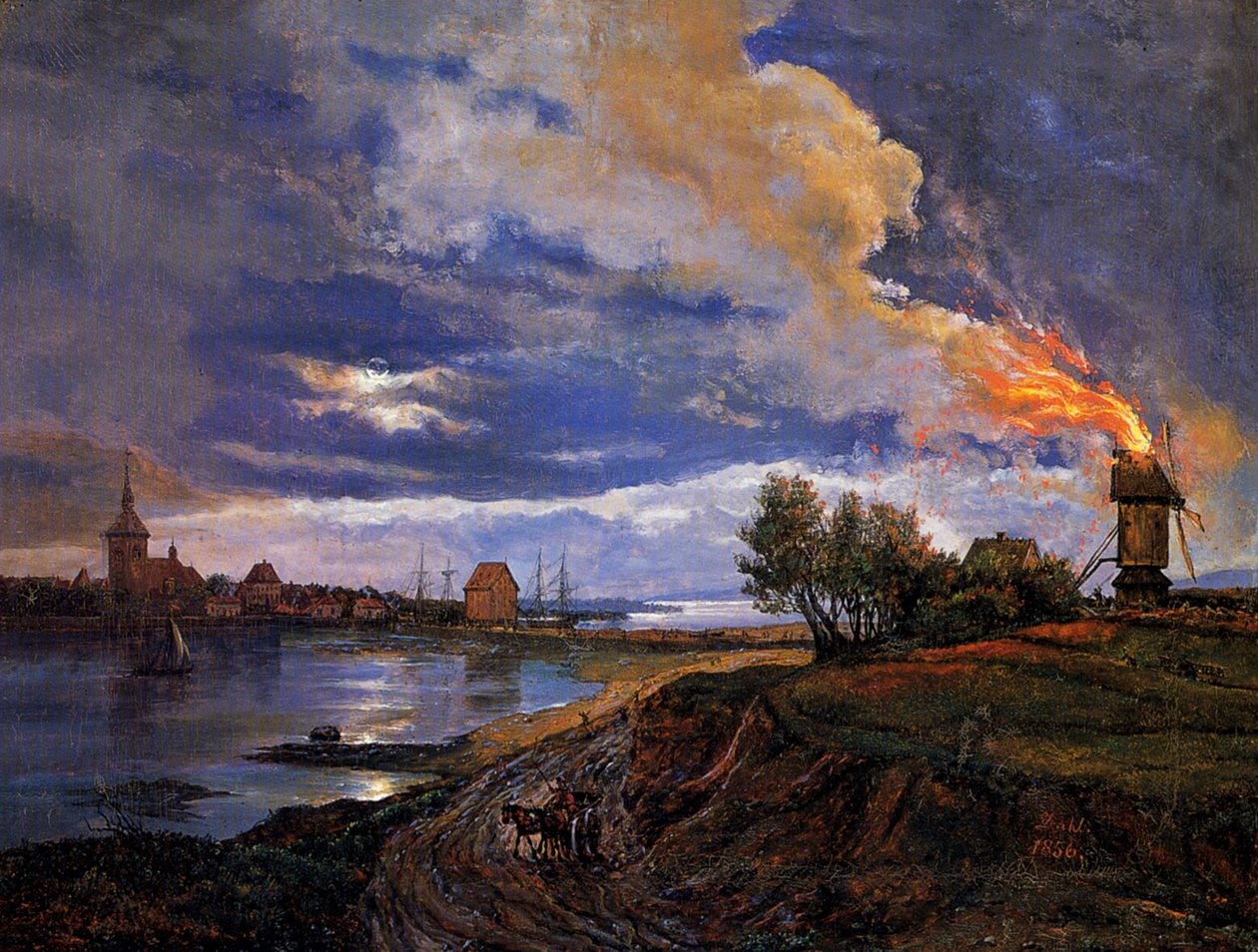 Brinnande väderkvarn vid Stege av Johan Christian Dahl