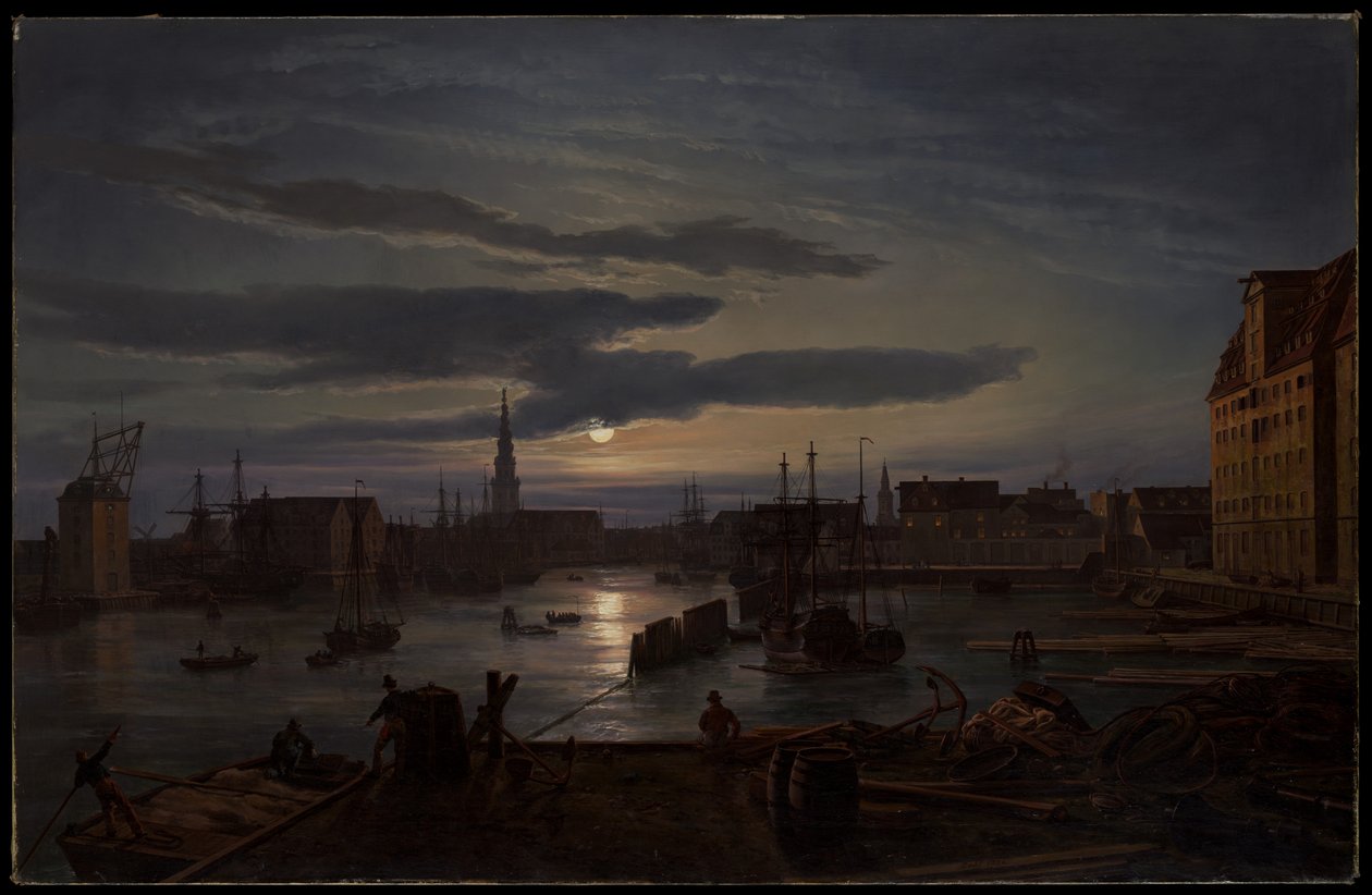 Köpenhamns hamn i månsken av Johan Christian Dahl