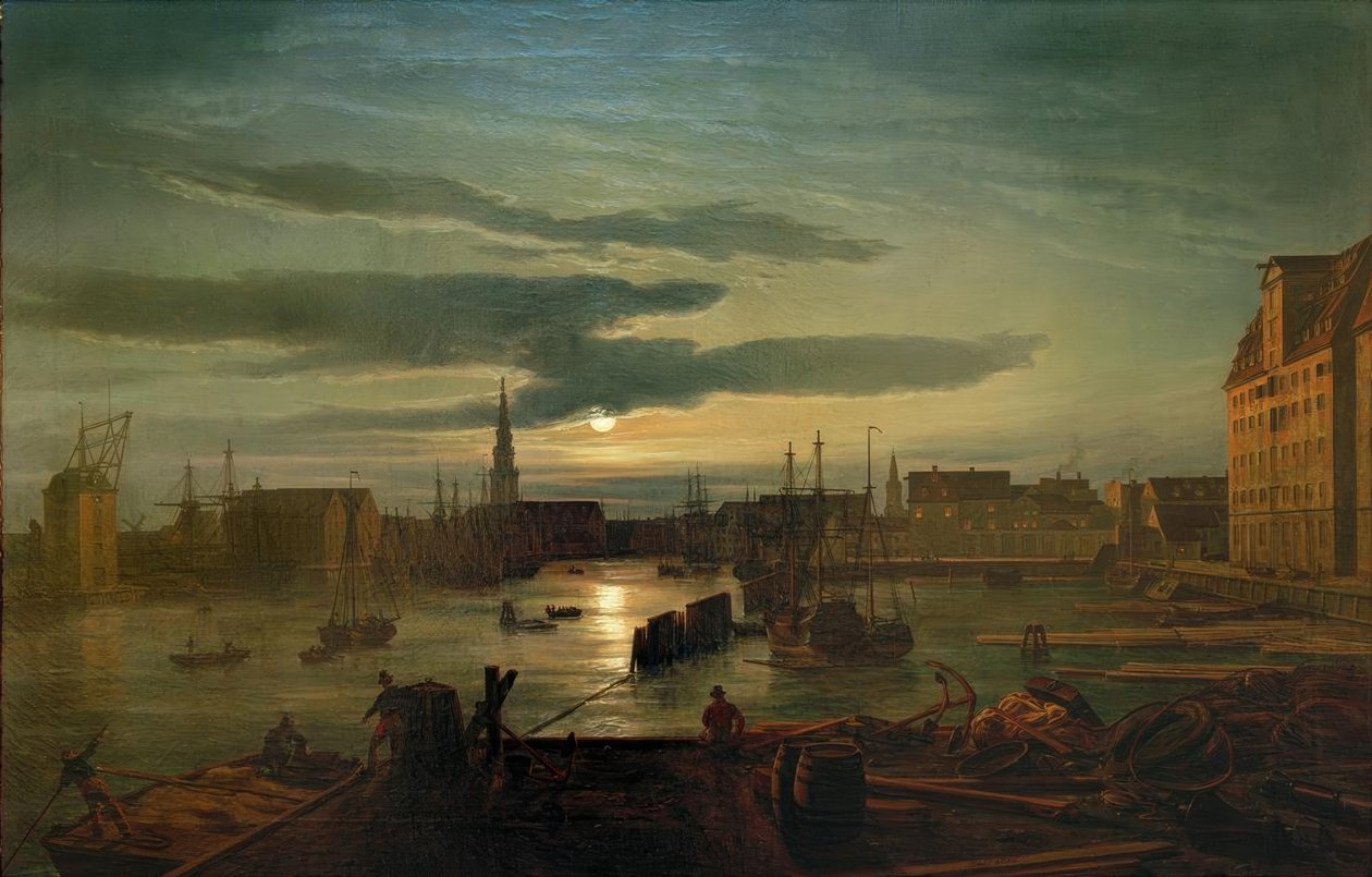 Köpenhamns hamn i månskenet av Johan Christian Dahl