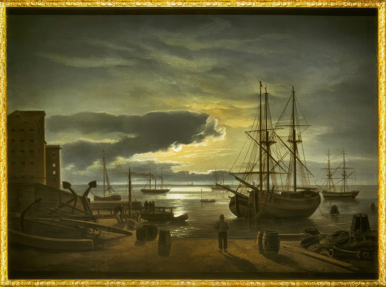 Köpenhamns hamn i månsken av Johan Christian Dahl