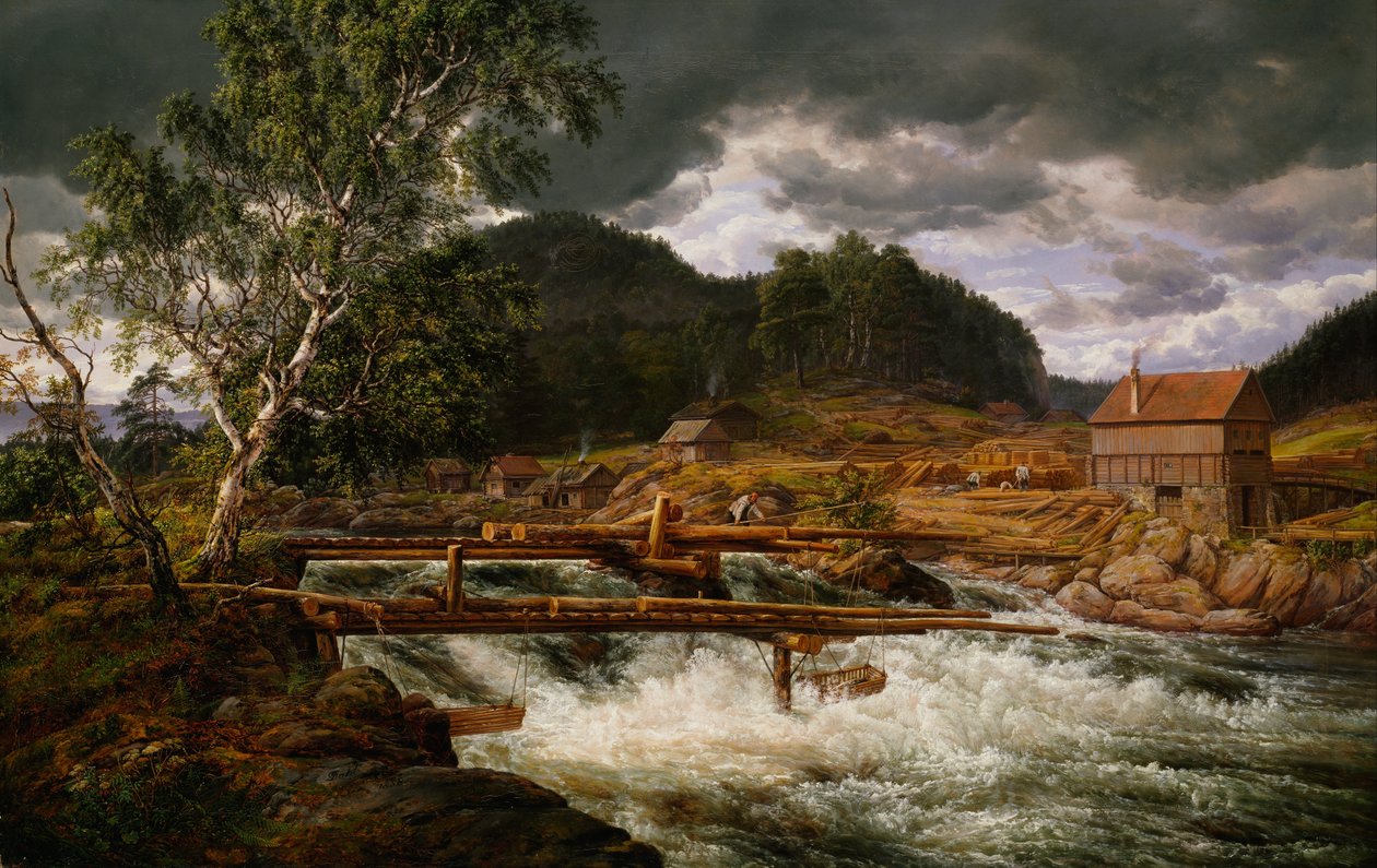 Norska bokmål:  Hellefossen ved Hokksund Hellefossen nära Hokksund av Johan Christian Dahl