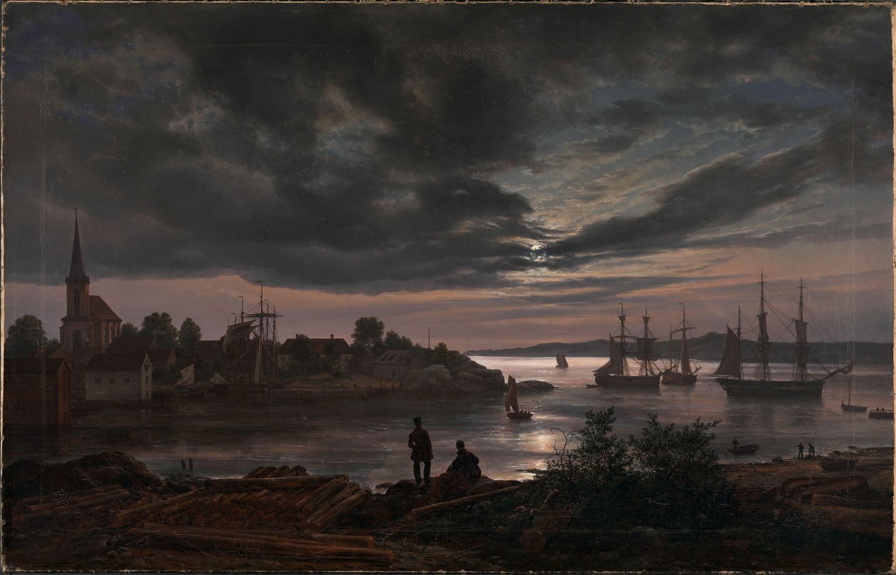 Norska:  Larviks hamn i månsken Larvik i månsken av Johan Christian Dahl