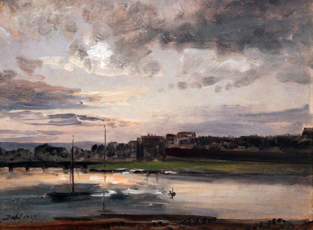 Elbe och Dresden Neustadt i kvällsljuset / Elbe och Neustadtbanken i Dresden i kvällsljus av Johan Christian Dahl