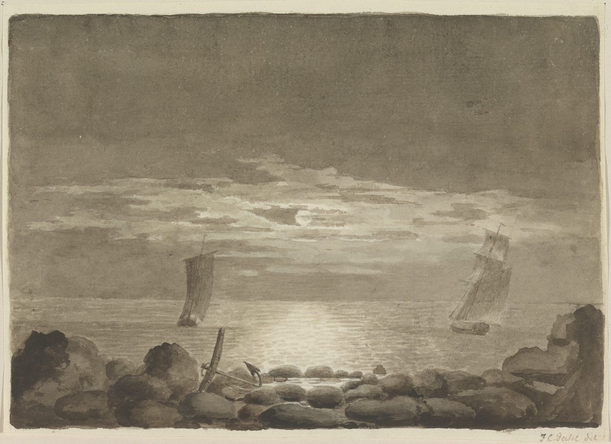 Två fartyg i månsken av Johan Christian Dahl