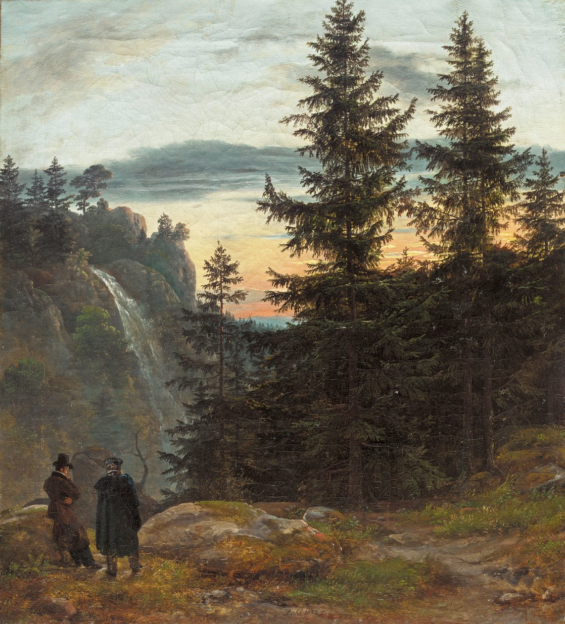 Två män framför ett vattenfall vid solnedgången av Johan Christian Dahl