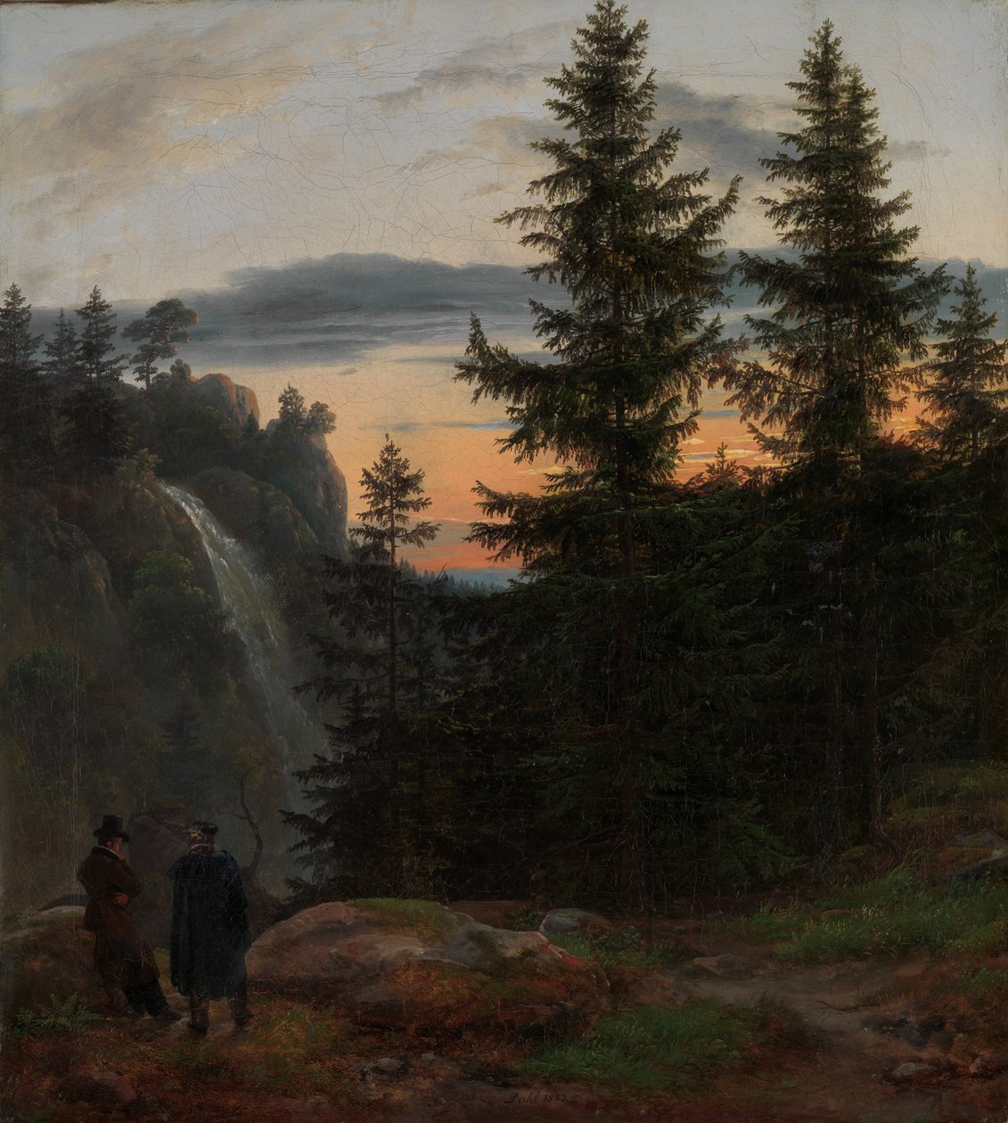 Två män före ett vattenfall vid solnedgången, 1823. av Johan Christian Dahl