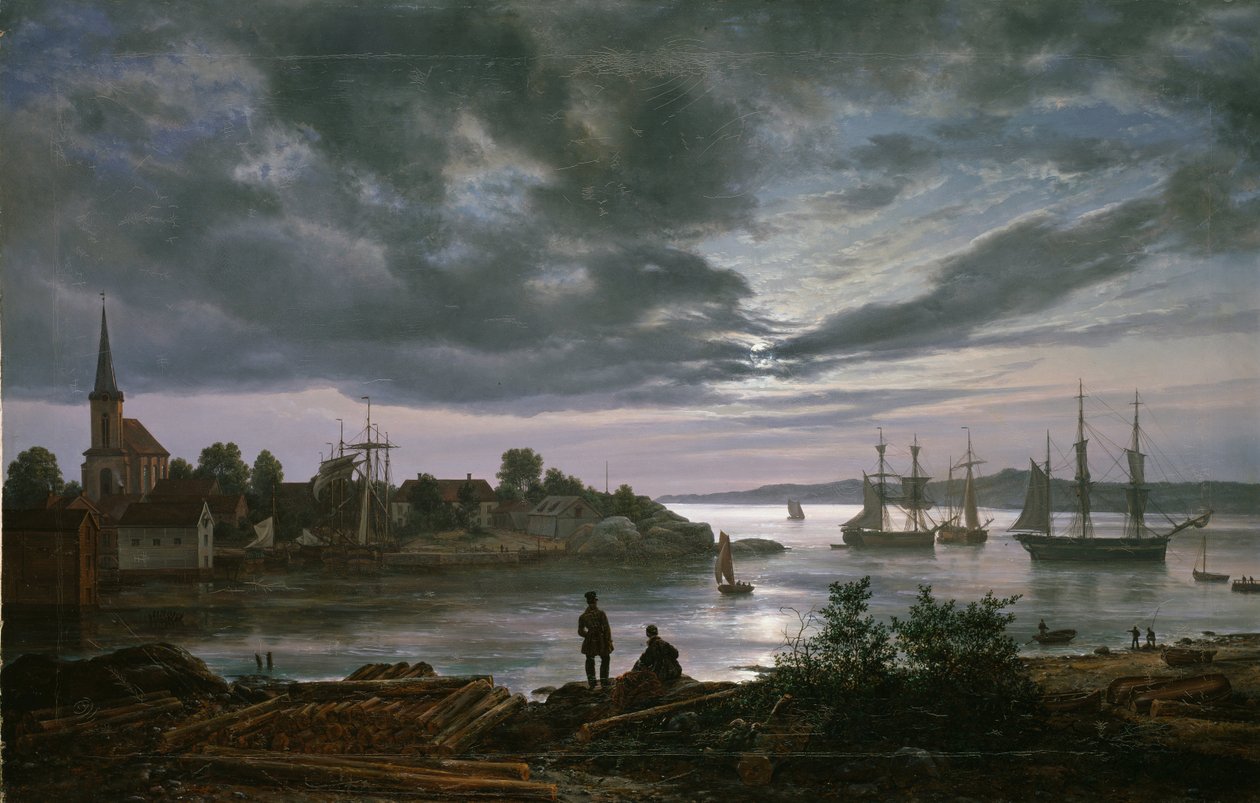 ""Vue de Larvik au clair de lune, Norvege"" Peinture de Johan Christian Clausen Dahl (1788-1857) 1839 Oslo, museum national Norvege av Johan Christian Dahl