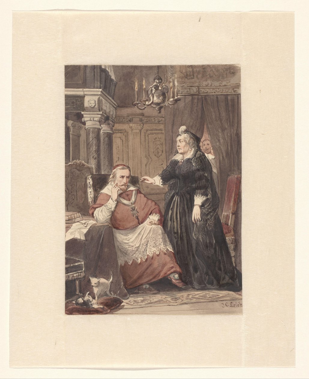 Två personer i en interiör, möjligen Maria de Medici och kardinal de Richelieu av Johan Coenraad Leich (signed by artist)