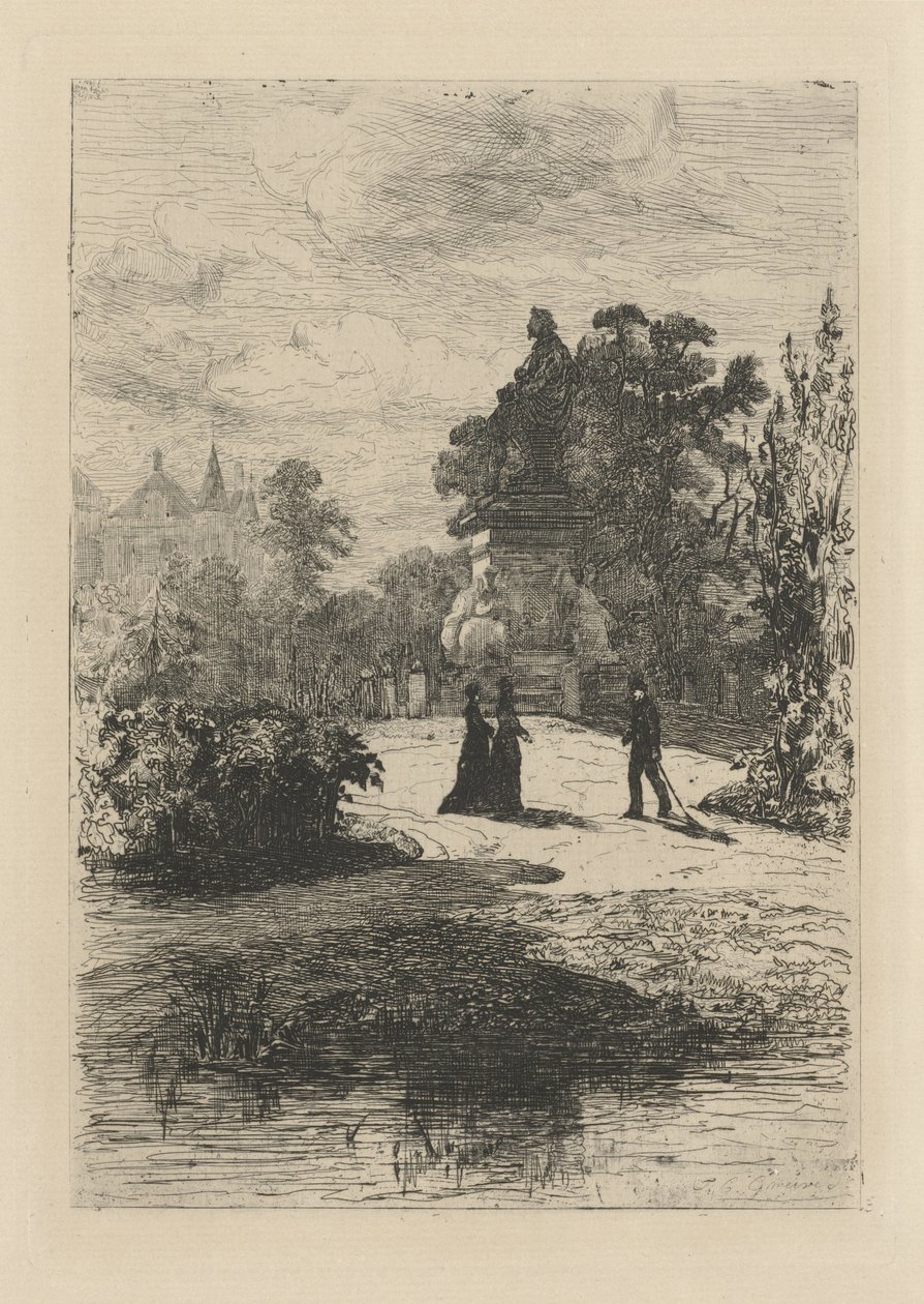 Vy över statyn av Vondel i Vondelparken av Johan Conrad Greive
