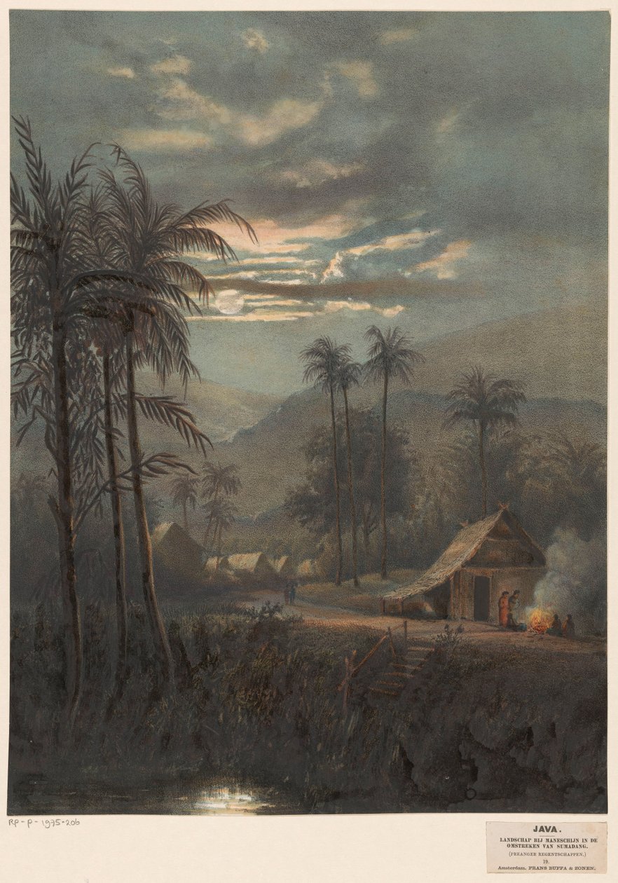 Landskap i månsken i Sumedang-området Landskap i månsken i omgivningarna av Sumadang (preanger regenter.) (titel på objekt) av Johan Conrad Greive