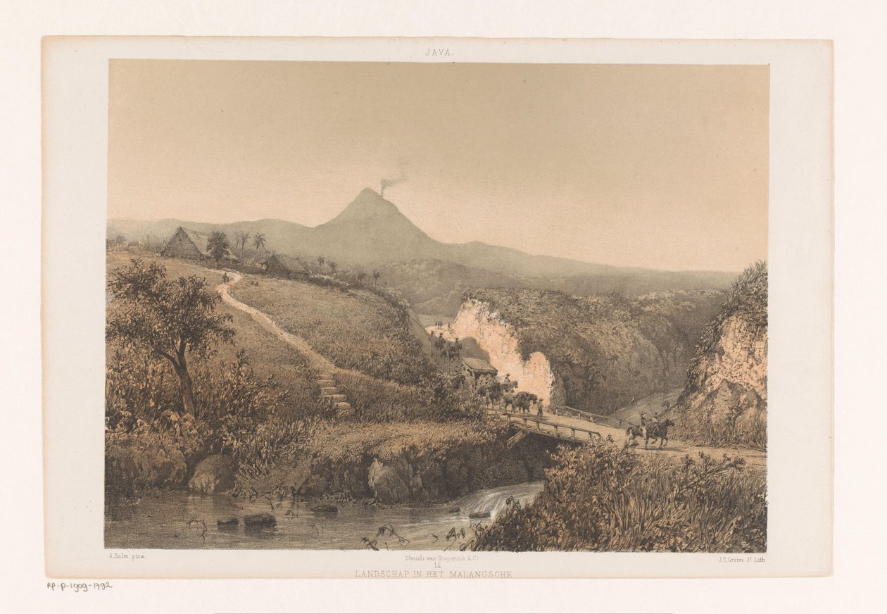 Landskap nära Malang Landskap i Malangsche; Residence Pasoroean Landskap i Malangsche (titel på objekt) Java efter målningar och teckningar av A. Salm (serietitel) av Johan Conrad Greive