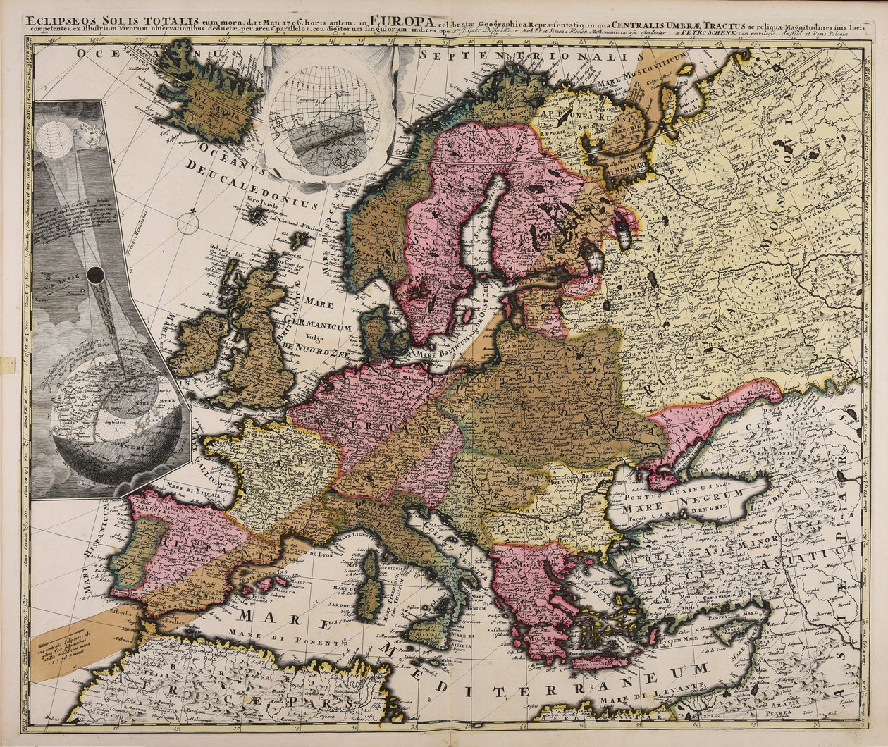 Totala solförmörkelser med fördröjning d. 12 maj 1706 En karta över Europa, där det centrala skuggutrymmet och de återstående storleken var lämpliga för sina respektive platser, sjösattes från observationer av lysande män med hjälp av en parallellbåge. av Johan Gabriel Doppelmayr