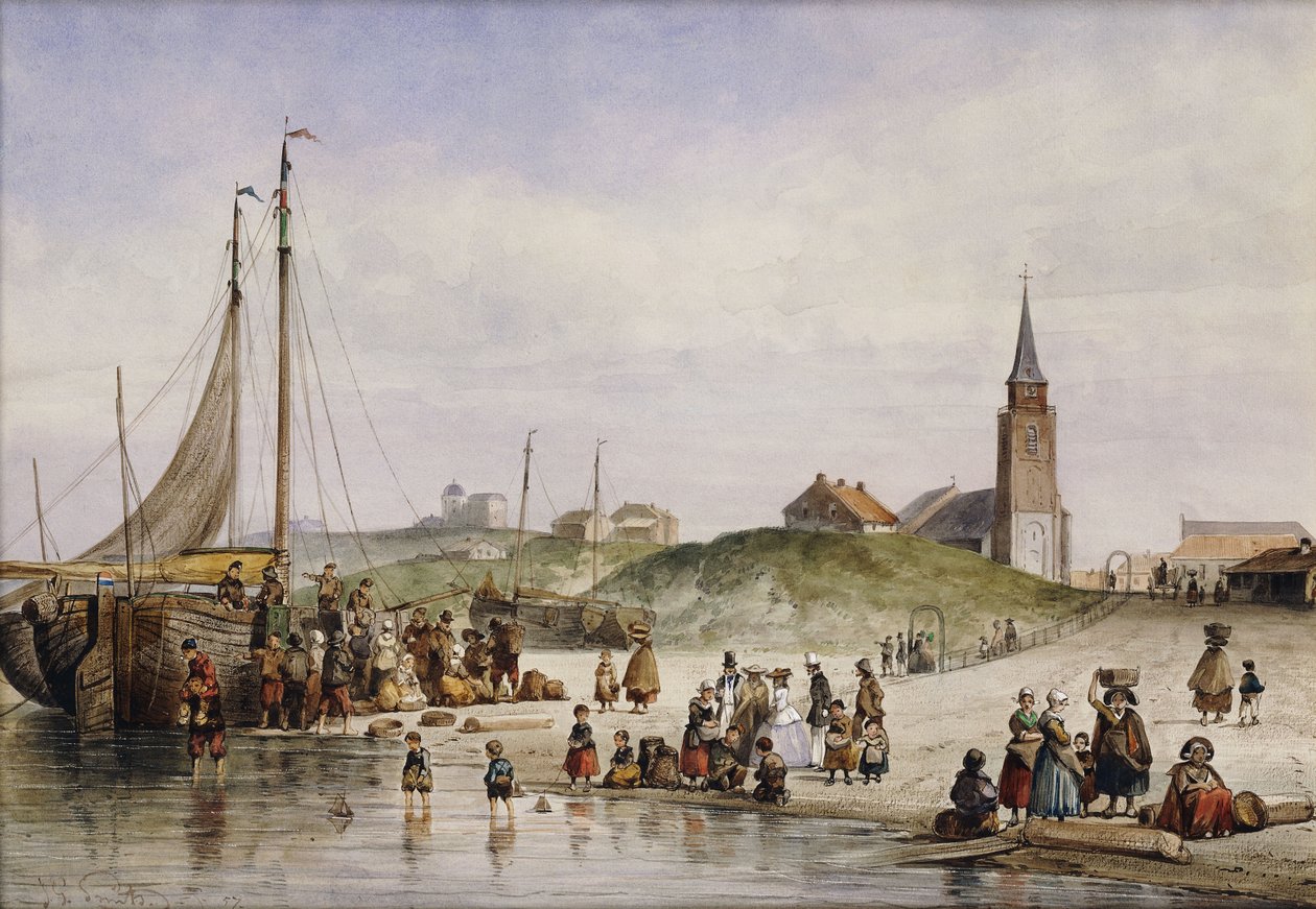 Fiskare på en strand med en stad bortom, 1857 av Johan Gerard Smits