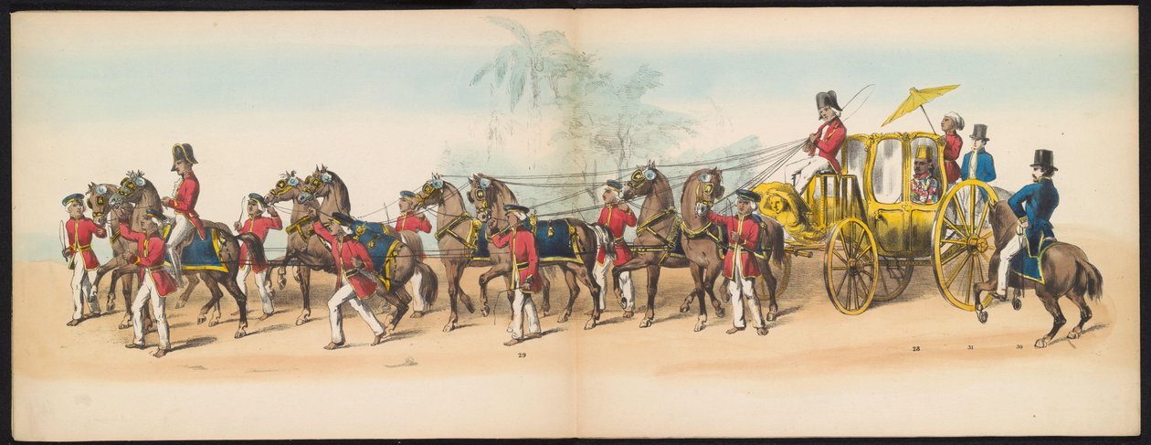 Delftstudenternas maskerad, 1857 (skylt 3) Klädd procession som hölls av medlemmarna i Delfts studentkår den 5 maj 1857, föreställande Sultanen av Djokjokartas Garebeg-procession och de mest karakteristiska typerna från N. av Johan Hendrik Hoffmeister